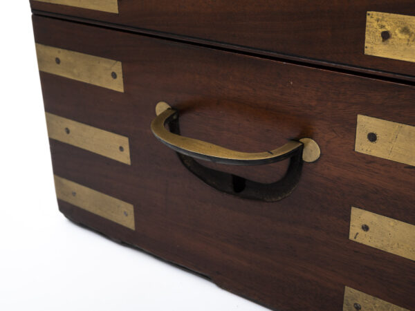 Close up of the handles on the Campaign Military Writing Box Hewlins