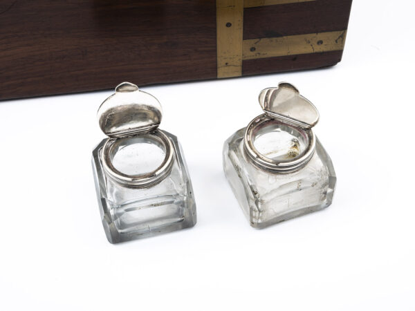 Close up of the inkwells from the Front overview of the Campaign Military Writing Box Hewlins