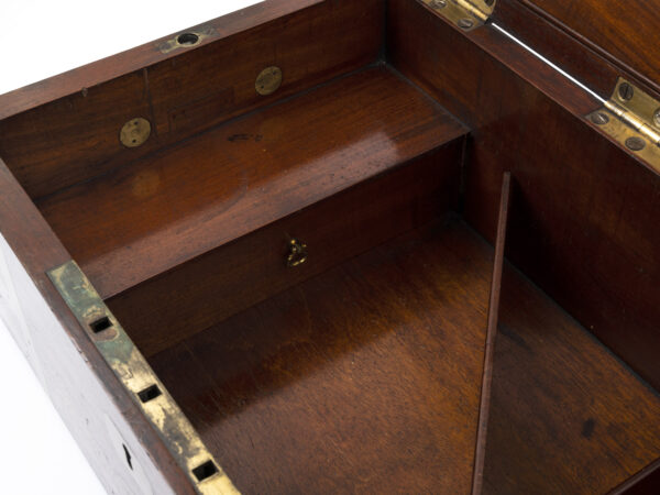 Close up of the secret compartment in the base of the Campaign Military Writing Box Hewlins