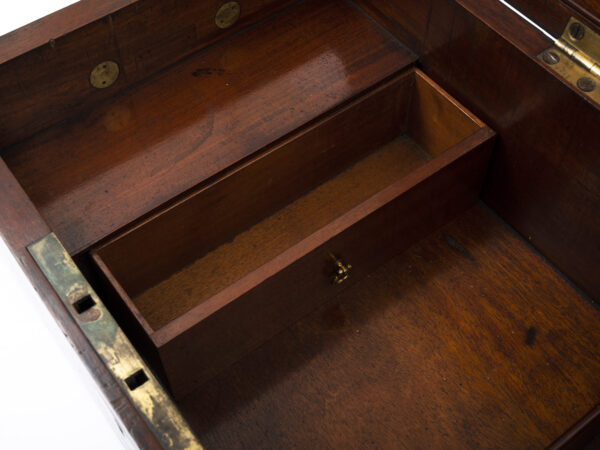 Close up of the secret compartment in the base of the Campaign Military Writing Box Hewlins