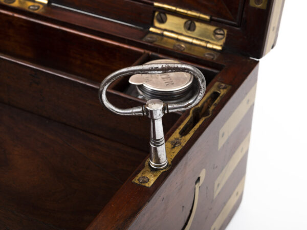 Close up of the steel lock key inside the Campaign Military Writing Box Hewlins