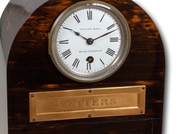 Close up of the dial and letter aperture on the Coromandel Letter Box Clock Chapman and Leuchars