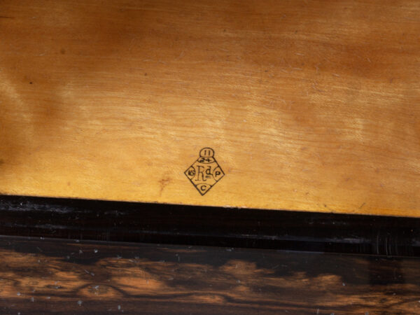 Close up of the registration kite mark inside the Coromandel Letter Box Clock Chapman and Leuchars