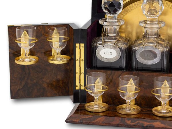 Close up of the decanter bottles and glasses inside the Feathered Burr Walnut Decanter Box Betjemann Kenneth