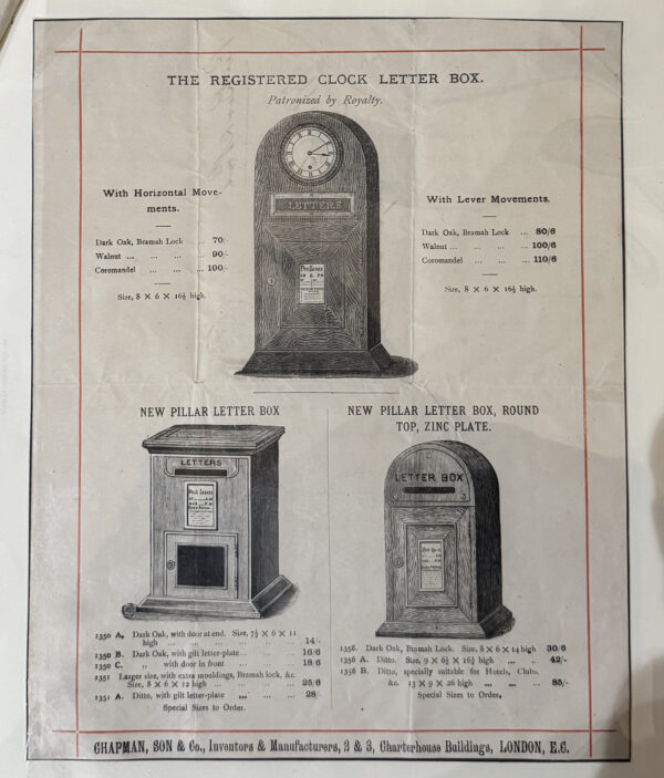 Chapman Son & Co. Catalogue showing the Pillar letter box with different veneer options