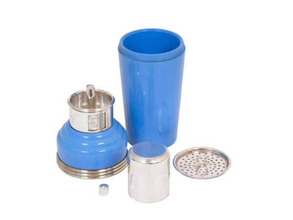 Master Incolor Art Deco Blue Cocktail Shaker showing all the parts