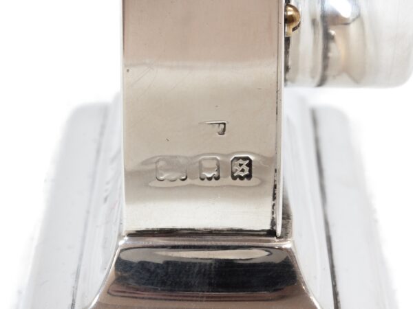 Close up of the Saunders and Shepard hallmarks on the Rolls Royce Novelty Silver Desk Barometer