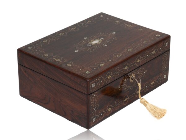 Front overview of the Rosewood Inlaid Jewellery Box with the key fitted