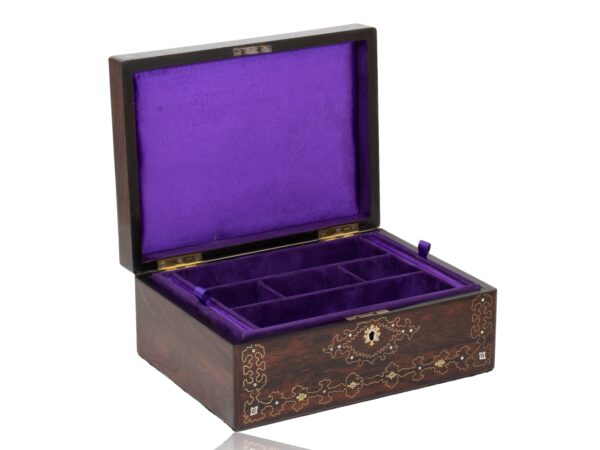 Front overview of the Rosewood Inlaid Jewellery Box with the lid up