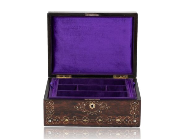 Front of the Rosewood Inlaid Jewellery Box with the lid up