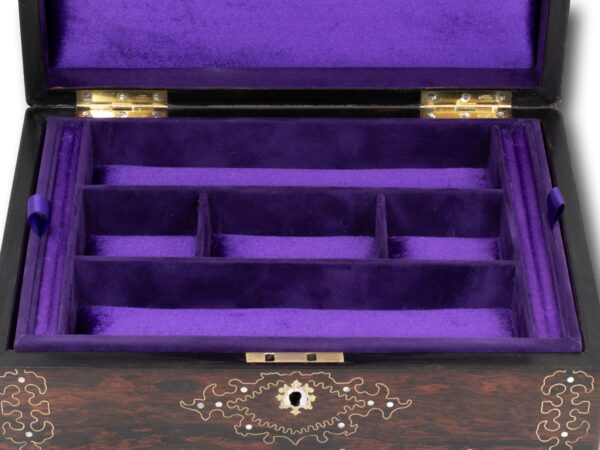 Close up of the jewellery tray in the Rosewood Inlaid Jewellery Box