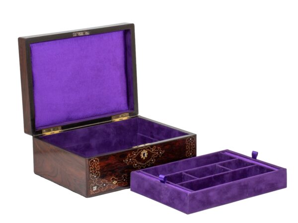 Overview of the Rosewood Inlaid Jewellery Box with the jewellery tray removed