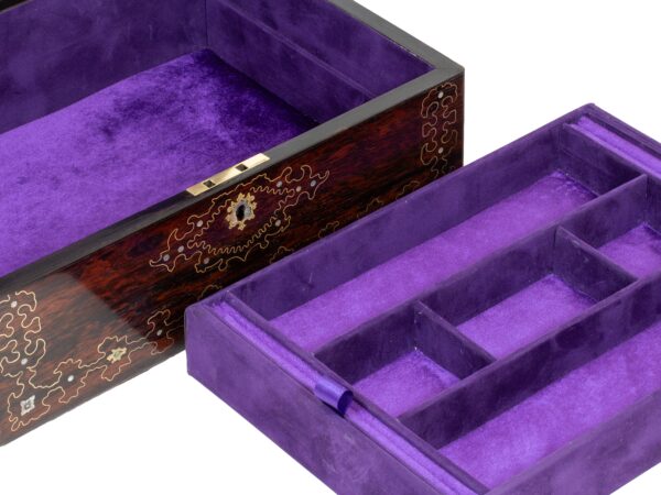 Close up of the jewellery tray and lower storage in the Rosewood Inlaid Jewellery Box