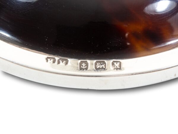 Close up of the silver hallmarks on the Silver and Tortoiseshell Candlesticks Henry Matthews