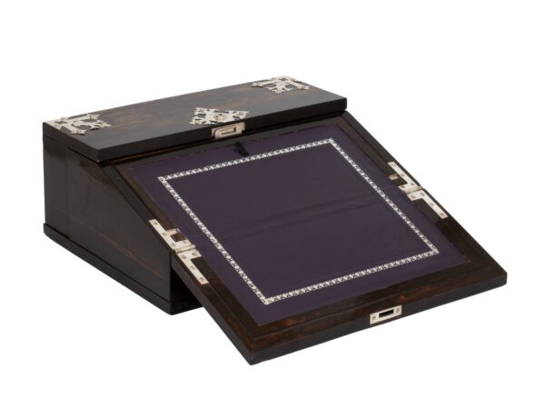 Coromandel Silver Mounted Writing Box Betjemann with the writing slope open