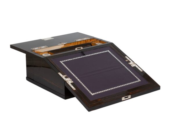 Coromandel Silver Mounted Writing Box Betjemann with the writing slope open and rear compartment open