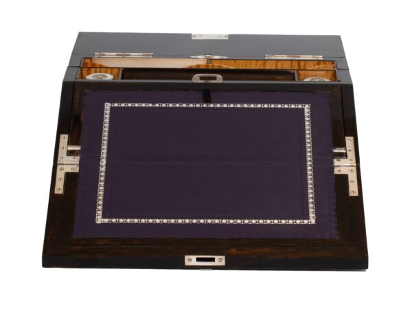 Front of the Coromandel Silver Mounted Writing Box Betjemann with the writing slope open and rear compartment open