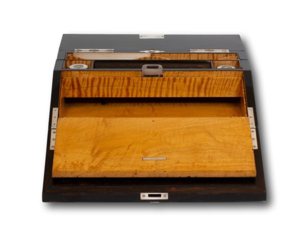 Coromandel Silver Mounted Writing Box Betjemann with the rear storage compartment open