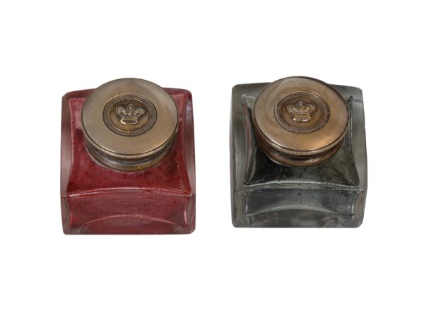 Close up of the inkwells from the Coromandel Silver Mounted Writing Box Betjemann