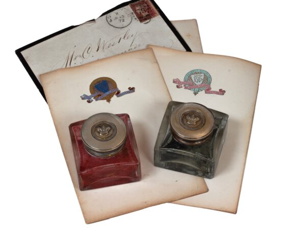 Close up of the inkwells and stationery from the Coromandel Silver Mounted Writing Box Betjemann