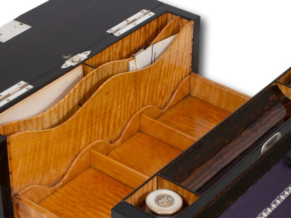 Close up of the secret extended compartment from the Coromandel Silver Mounted Writing Box Betjemann