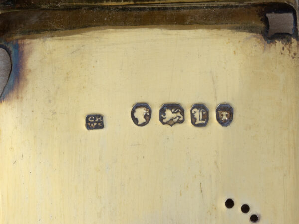 Close up of the silver hallmarks from the Coromandel Vanity Box Edwards for Hunt and Roskell
