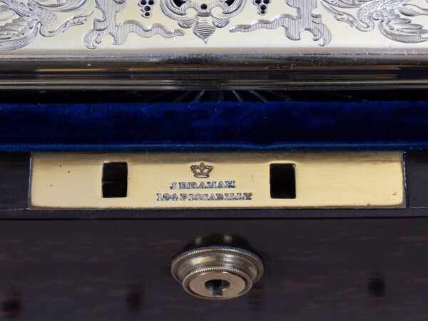Close up of the Bramah lock plate from the Coromandel Vanity Box Edwards for Hunt and Roskell