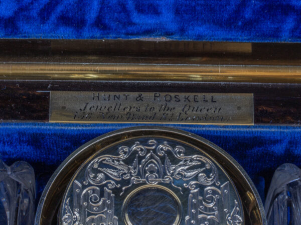 Close up of the Hunt and Roskell retailers plaque from the Coromandel Vanity Box Edwards for Hunt and Roskell