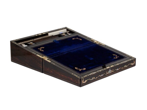 Front of the Coromandel Inlaid Writing Box Hausburg open showing the writing slope