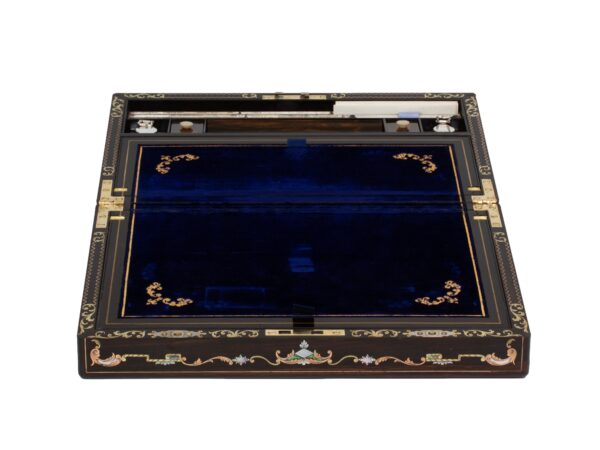 Front of the Coromandel Inlaid Writing Box Hausburg open showing the writing slope