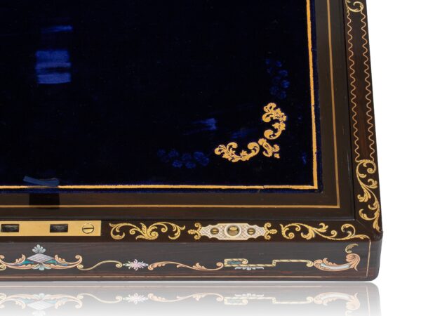 Close up of the inlaid face and gold tooled slope from the Coromandel Inlaid Writing Box Hausburg