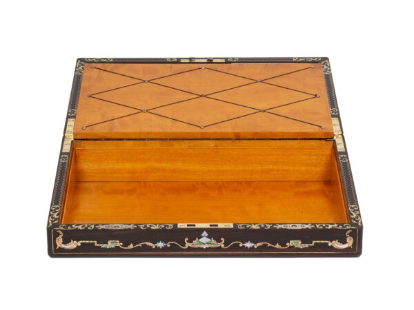 Front of the Coromandel Inlaid Writing Box Hausburg open showing the lower storage