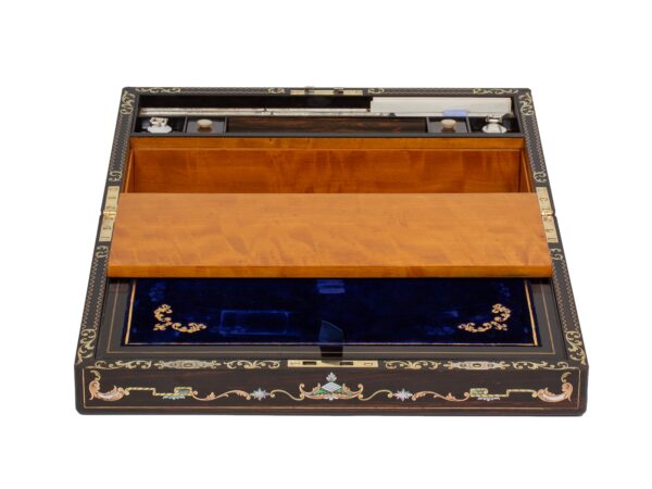 Front of the Coromandel Inlaid Writing Box Hausburg open showing the upper storage