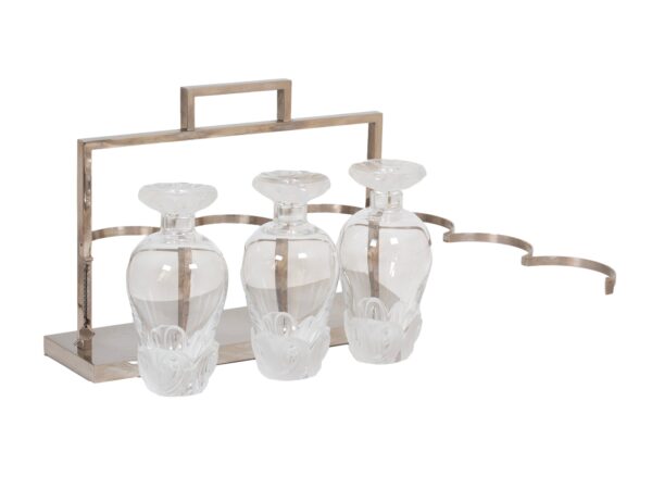 Front overview of the French Lalique Tantalus opened with the decanters removed