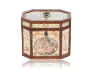 Front of the Georgian Glazed Silk Embroidered Tea Caddy