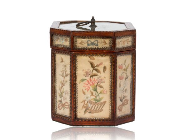 Side of the Georgian Glazed Silk Embroidered Tea Caddy