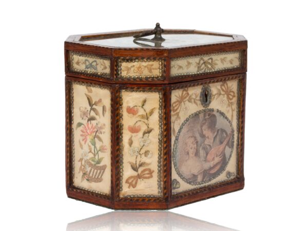 Front overview of the Georgian Glazed Silk Embroidered Tea Caddy