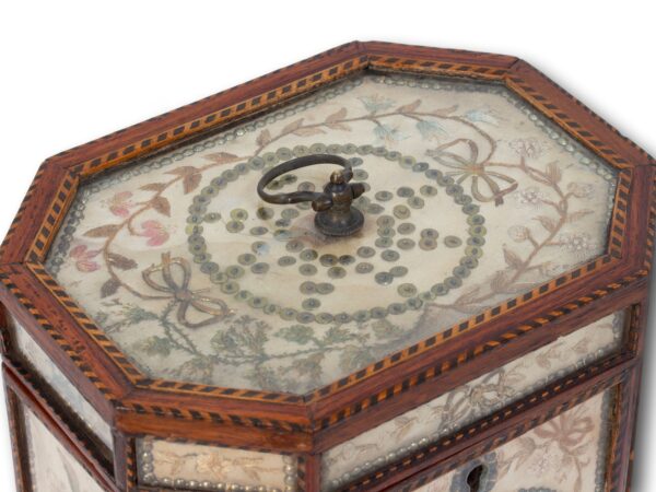 Top of the Georgian Glazed Silk Embroidered Tea Caddy