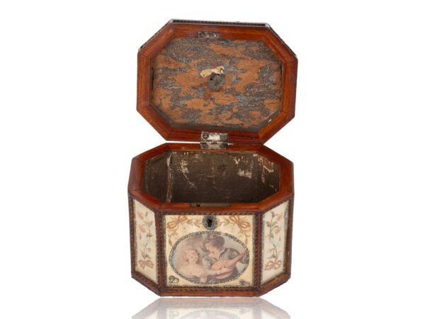 Front overview of the Georgian Glazed Silk Embroidered Tea Caddy with the lid up