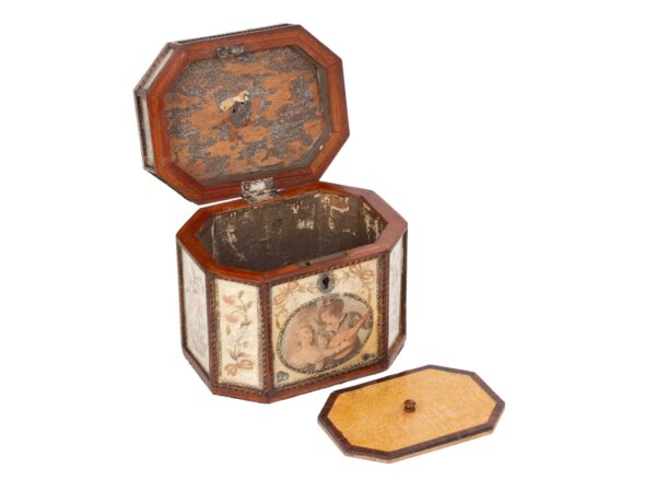 Front overview of the Georgian Glazed Silk Embroidered Tea Caddy with the lid up and caddy lid removed