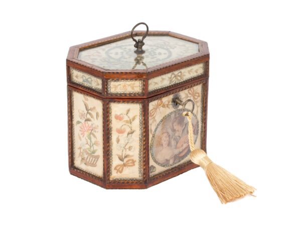 Front overview of the Georgian Glazed Silk Embroidered Tea Caddy
