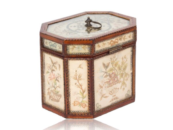 Rear overview of the Georgian Glazed Silk Embroidered Tea Caddy