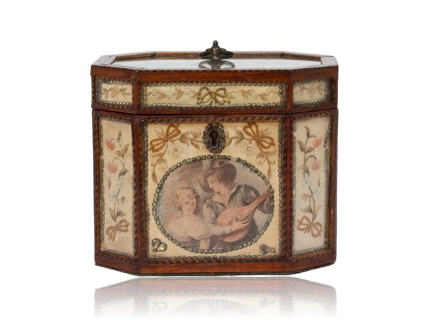 Front of the Georgian Glazed Silk Embroidered Tea Caddy