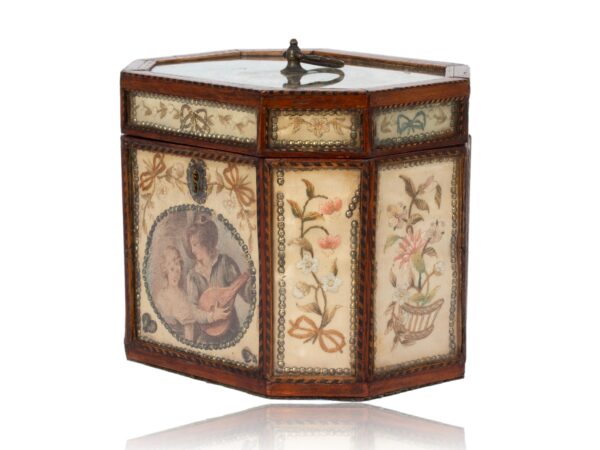 Front overview of the Georgian Glazed Silk Embroidered Tea Caddy