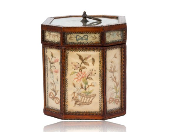 Side of the Georgian Glazed Silk Embroidered Tea Caddy