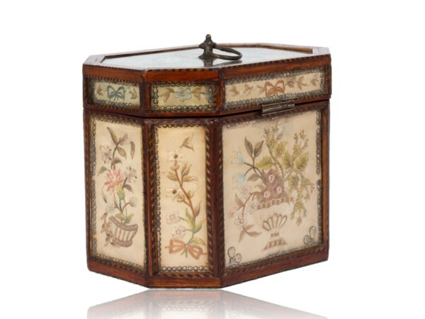 Rear overview of the Georgian Glazed Silk Embroidered Tea Caddy