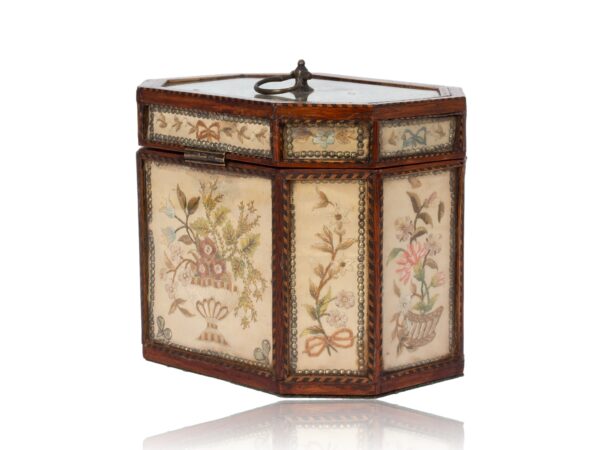 Rear overview of the Georgian Glazed Silk Embroidered Tea Caddy