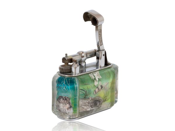 Front overview of the Dunhill Half Giant Aquarium Table Lighter with the petrol arm lifted