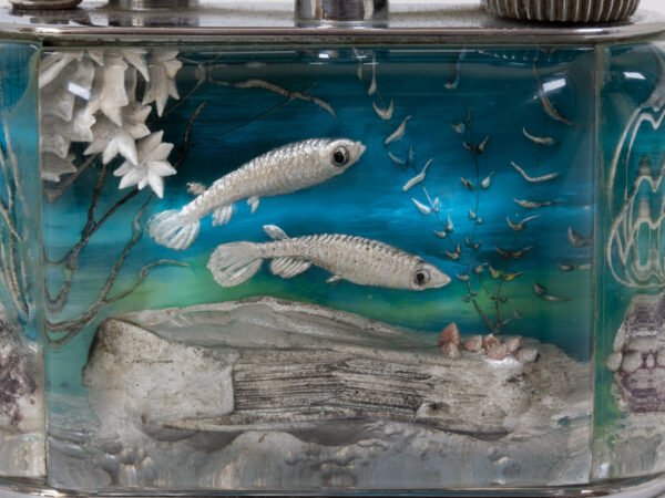 Close up of the aquarium scene on the Front of the Dunhill Half Giant Aquarium Table Lighter