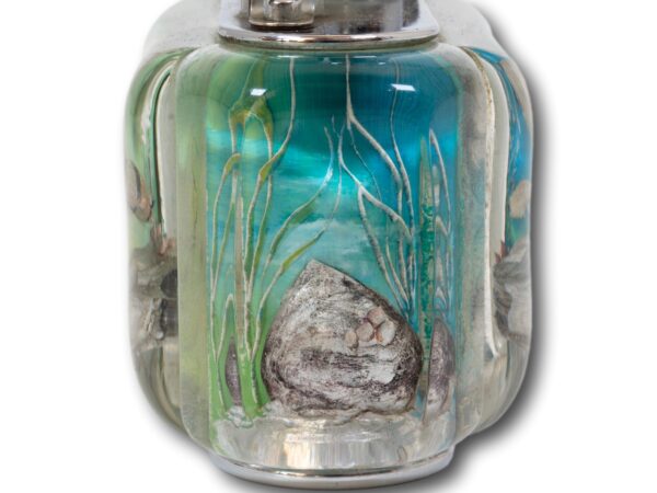 Close up of the aquarium scene on the Front of the Dunhill Half Giant Aquarium Table Lighter